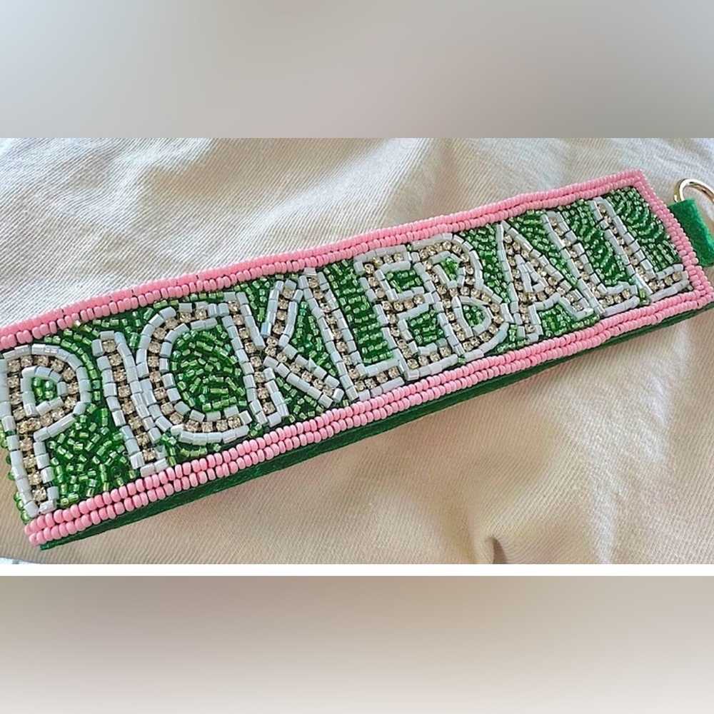 Pickleball FUN pink green beaded keychain, gym bag or for gym pass ID on it! NWT
